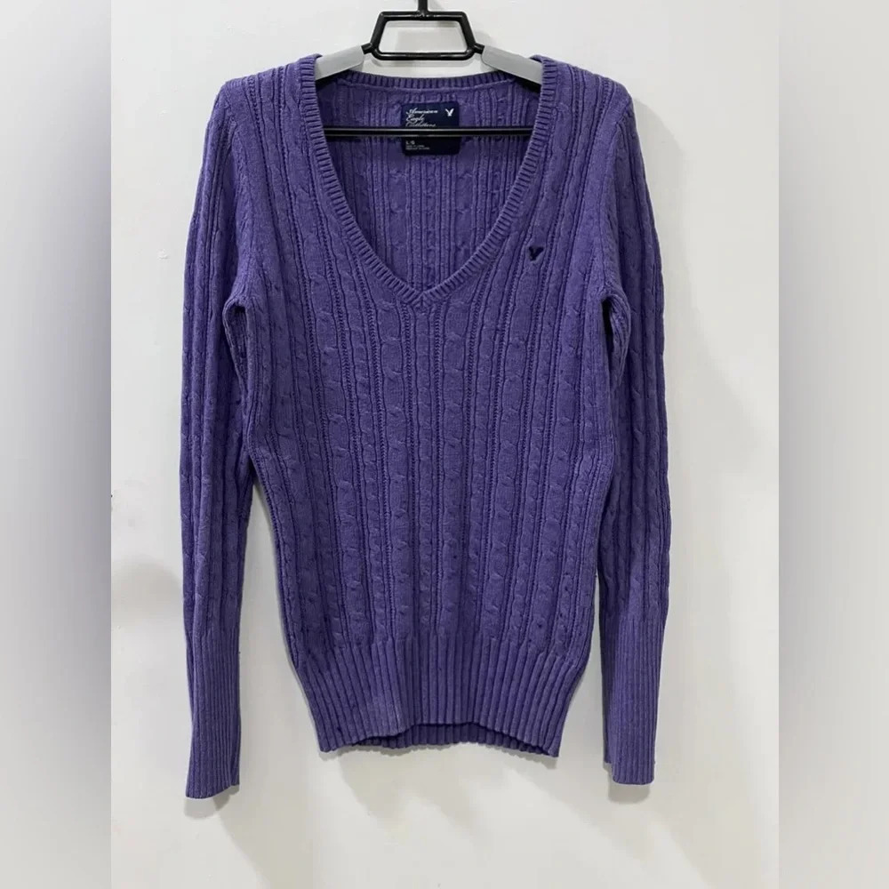 Women's American Eagle Y2K Cable Knit Sweater Purple V Neck Long Sleeve Sz Large